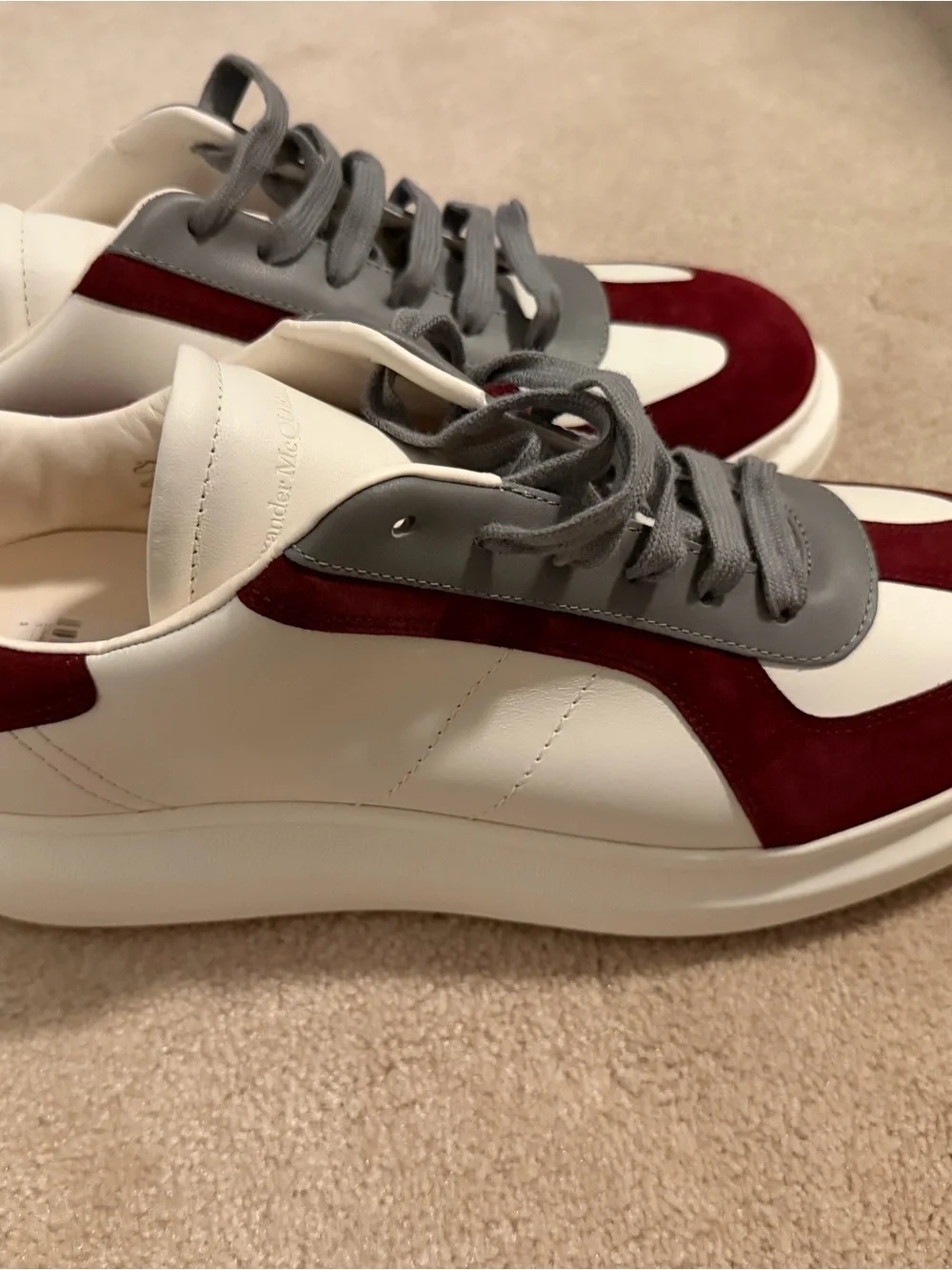 Alexander McQueen White Leather Sneakers with Burgundy Suede & Gray Details - Picture 1 of 7